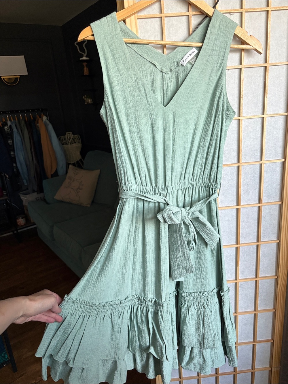 Calvin Klein Mint Green Sleeveless Tie-Waist Midi Dress